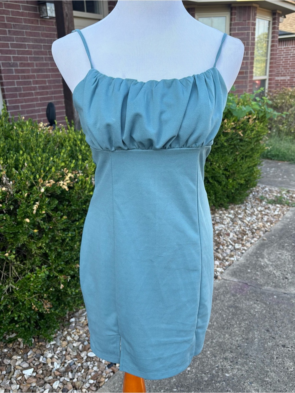 La Hearts Sage Blue Ruched Bust Spaghetti Strap Mini Dress